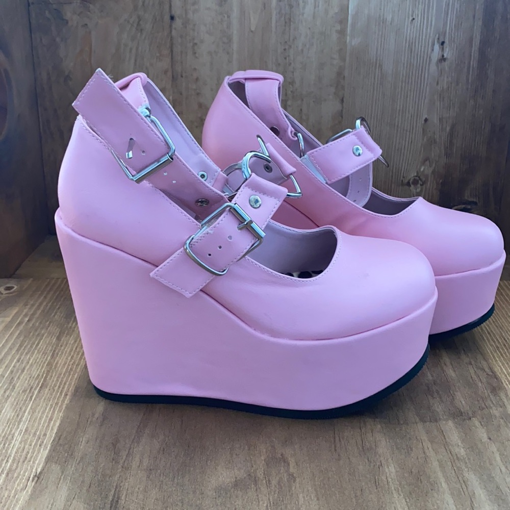 Demonia Pink 5" Wedge Heel Platform Heart Buckle Strap Bootie Sandals Goth 8